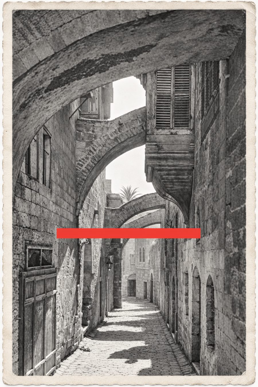 The Via Dolorosa in Jerusalem’s Old City — an empty stone street beneath its arches, on an aged photographic print crossed by a single red bar